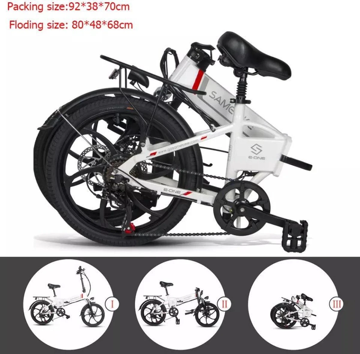 Samebike Elektrische Vouwfiet - Shimano 7 Speed Derailleur - 48V/ 10Ah Lithium Batterij - Aluminium -sportief/modern - 35km/u - Wit 12 Samebike Elektrische Vouwfiet - Shimano 7 Speed Derailleur - 48V/ 10Ah Lithium Batterij - Aluminium -sportief/modern - 35km/u - Wit - Afbeelding 10