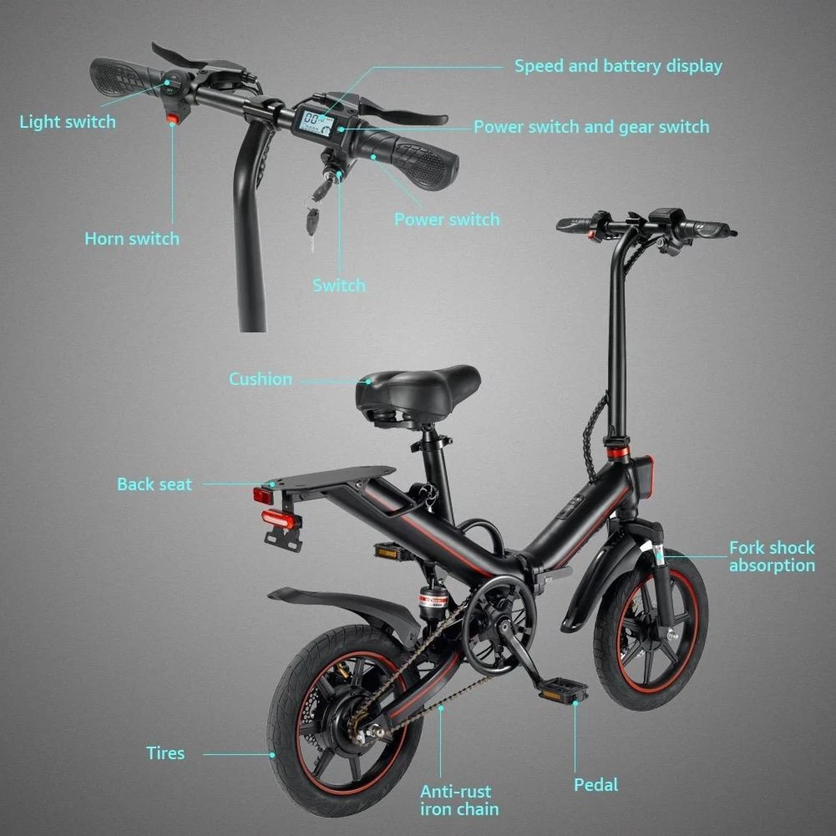 OUXI - V5 - 16 Inch - Elektrische Fiets - E Bike - Elektrische Vouwfiets - APP IOS/ Android - 500W Motor - 15Ah Lithuim Ion Batterij - Zwart 11 OUXI - V5 - 16 Inch - Elektrische Fiets - E Bike - Elektrische Vouwfiets - APP IOS/ Android - 500W Motor - 15Ah Lithuim Ion Batterij - Zwart - Afbeelding 9