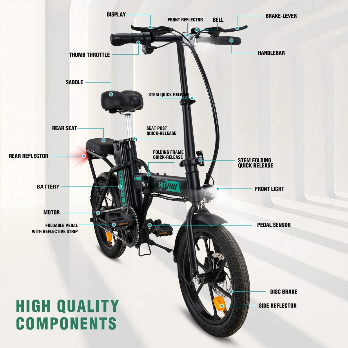 HITWAY E Bike Elektrische Fiets Vouwfiets, 36V/8.4Ah Batterij, 250W Motor, 25km/h, 35-70km, 16" City EBike Voor Heren En Dames 5 HITWAY E Bike Elektrische Fiets Vouwfiets, 36V/8.4Ah Batterij, 250W Motor, 25km/h, 35-70km, 16" City EBike Voor Heren En Dames - Afbeelding 3